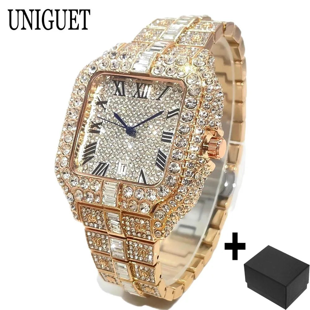 UNIGUET Fashion Watch For Men Luxury Rose Square Iced Out Quartz Watch Man Hip Hop Full Diamond Jewelry Wristwatch Reloj HombreU