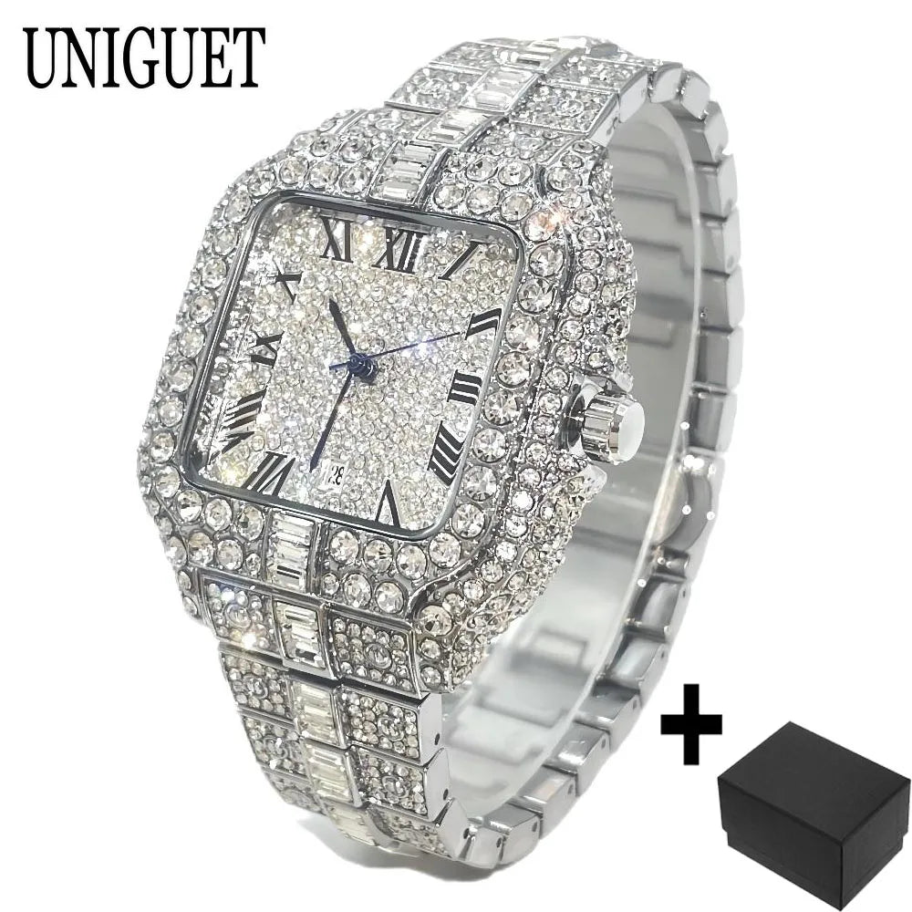 UNIGUET Fashion Watch For Men Luxury Rose Square Iced Out Quartz Watch Man Hip Hop Full Diamond Jewelry Wristwatch Reloj HombreU