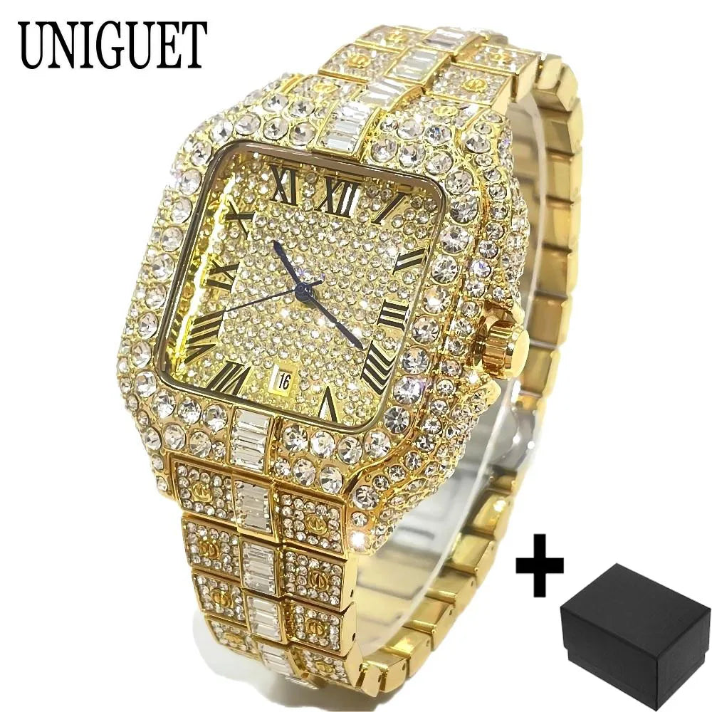 UNIGUET Fashion Watch For Men Luxury Rose Square Iced Out Quartz Watch Man Hip Hop Full Diamond Jewelry Wristwatch Reloj HombreU